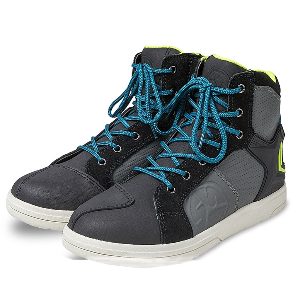Stylish men's motorcycle boots in black and gray with blue laces, offering comfort and a trendy alternative style.
