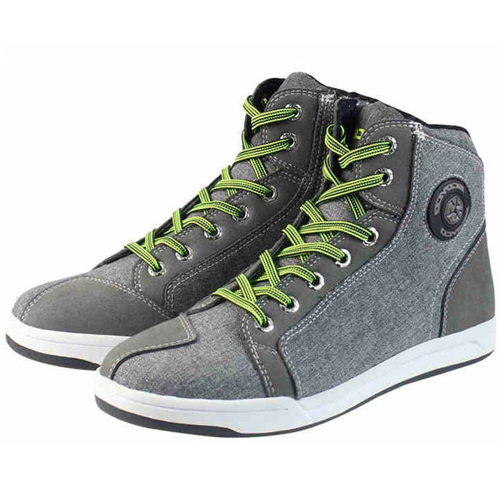Gray high-top motorcycle boots with green laces and flexible sole, perfect for stylish and comfy riding.