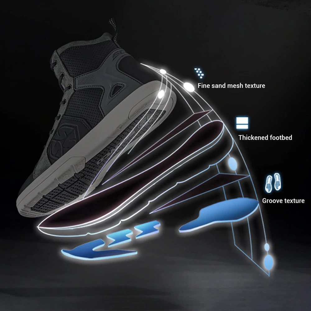 Exploded view of cool men's motorcycle boots showing fine sand mesh texture, thickened footbed, and groove sole design.