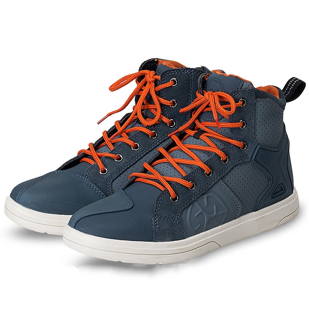 Cool men's motorcycle boots in navy with orange laces, high waterproof with zipper, perfect for bikers.