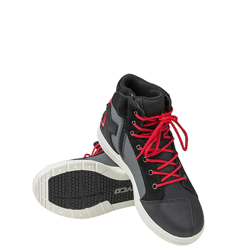 Stylish men's motorcycle boots with red laces, designed for comfort and waterproof protection, perfect for bikers.