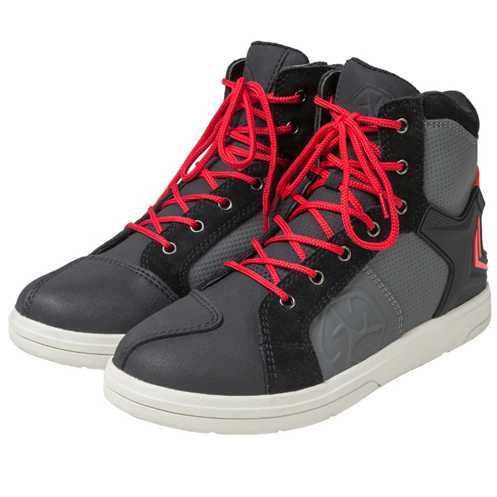 Cool men's motorcycle boots with red laces, black and gray design, perfect for bikers seeking style and comfort.