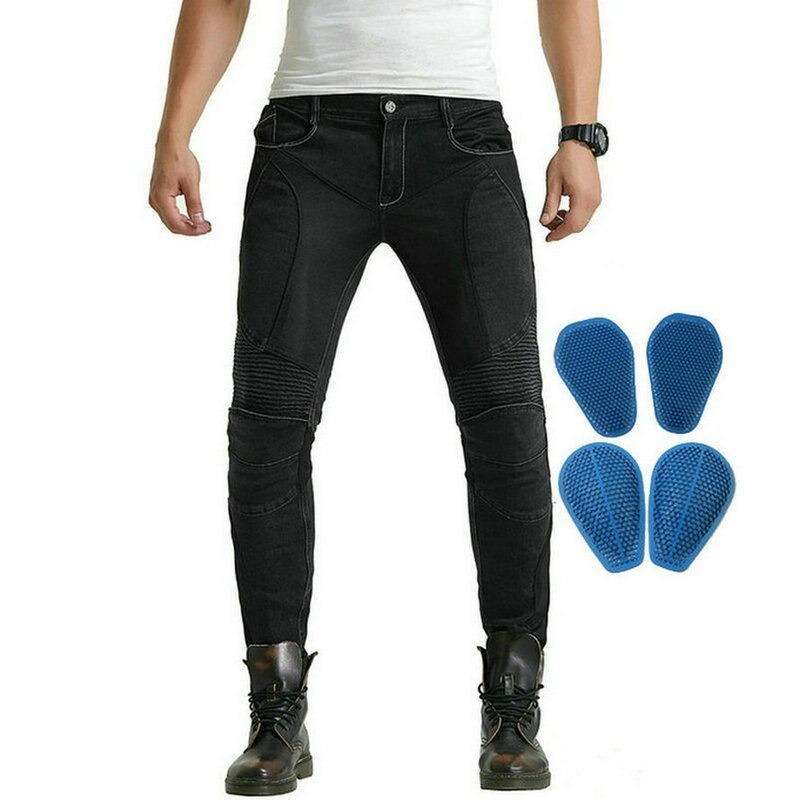 Stylish men's motorcycle pants with protective pads, designed for bikers and rock enthusiasts in a trendy black color.