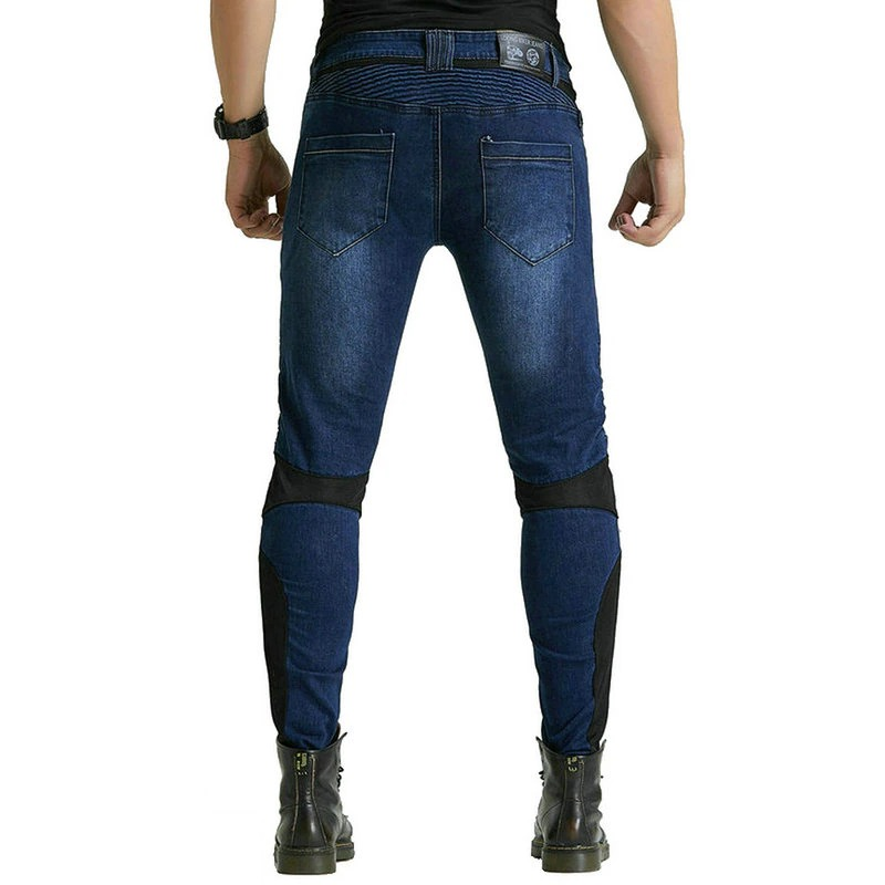 Men's biker protection pants in blue denim, showcasing a stylish fit with black accents and a trendy flair.
