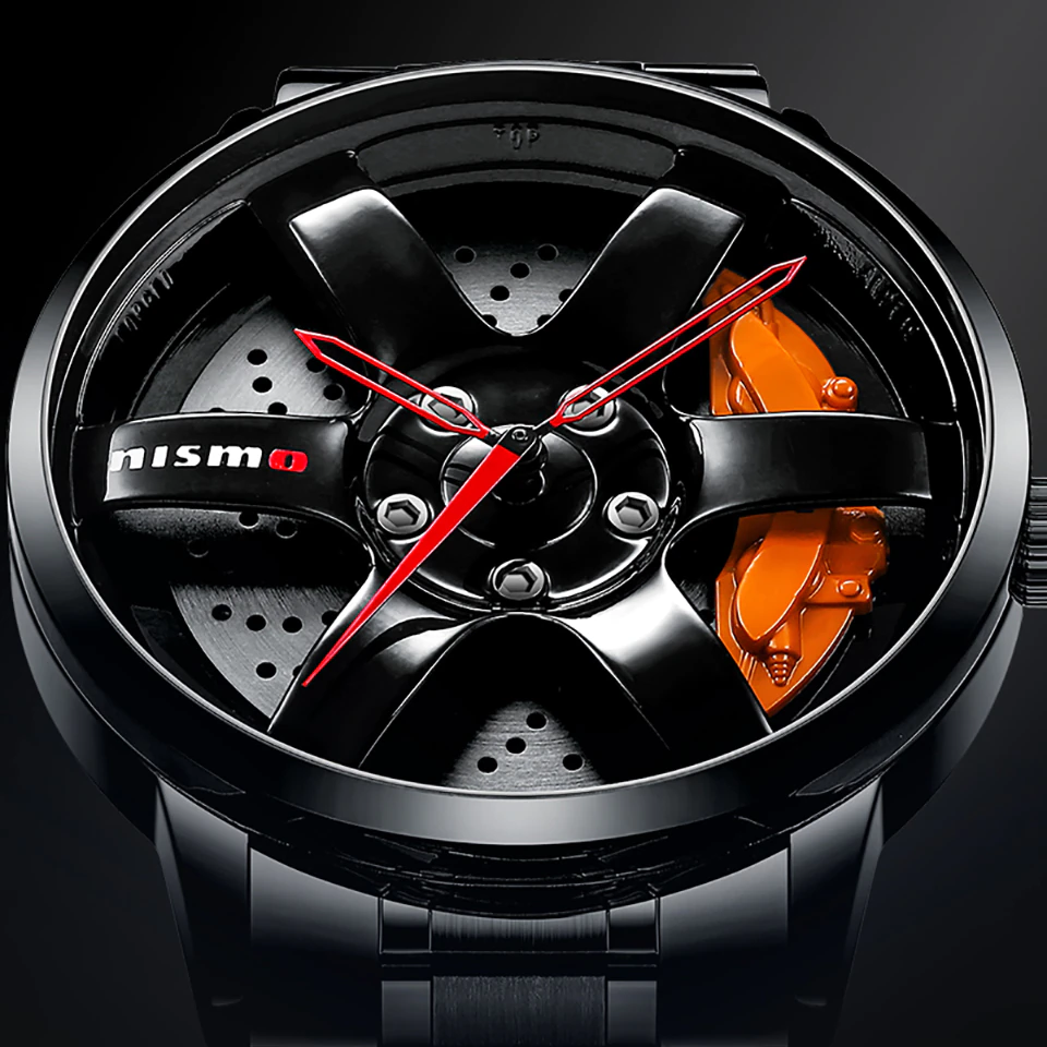 Cool men's quartz watch featuring a vintage biker style with a black and orange racing wheel design.
