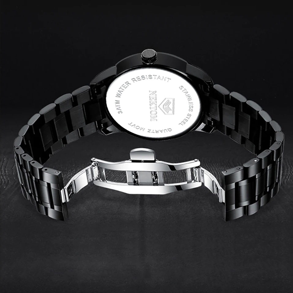 Back view of a cool men's vintage stainless steel quartz watch with a biker style, featuring a black band and water resistance.