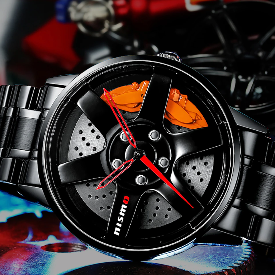 Cool men's stainless steel quartz watch featuring a vintage biker design with striking red hands and car brake details.