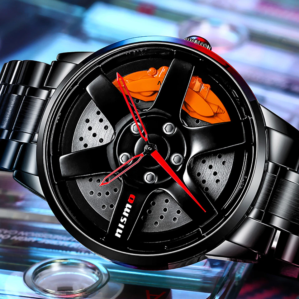 Cool men's stainless steel quartz watch with a unique black and orange dial resembling a car wheel design.