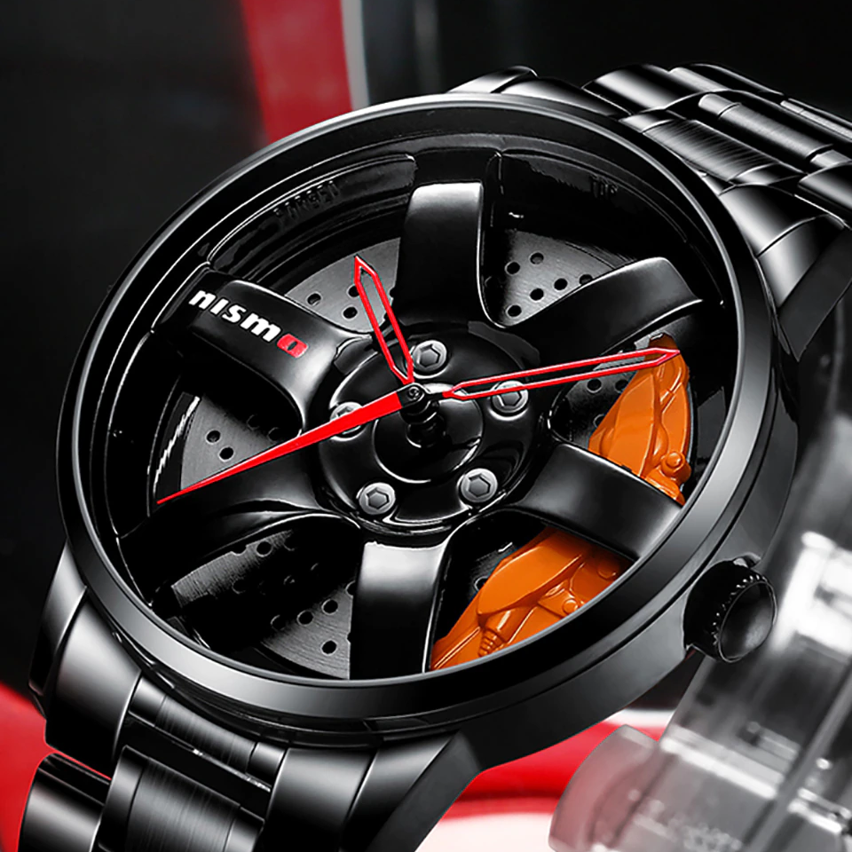 Black stainless steel quartz watch with racing wheel design and red accents, perfect for motorsport enthusiasts.