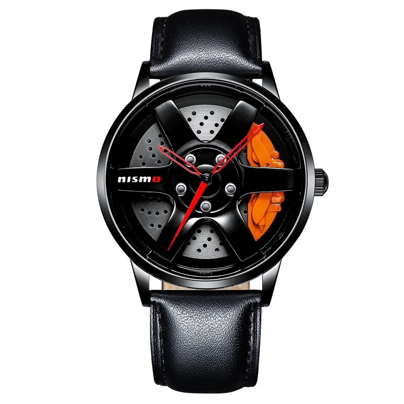 Men's Nismo watch featuring black design with red accents, inspired by racing wheels and brake calipers.