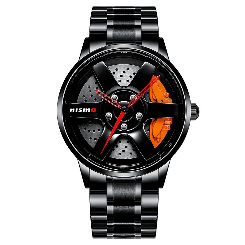 Men's Nismo watch with black stainless steel bracelet and tire-themed design for racing enthusiasts.