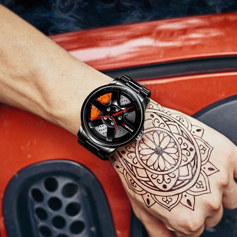 Stylish men's quartz watch with vintage biker design showcased on a hand with intricate henna tattoo.