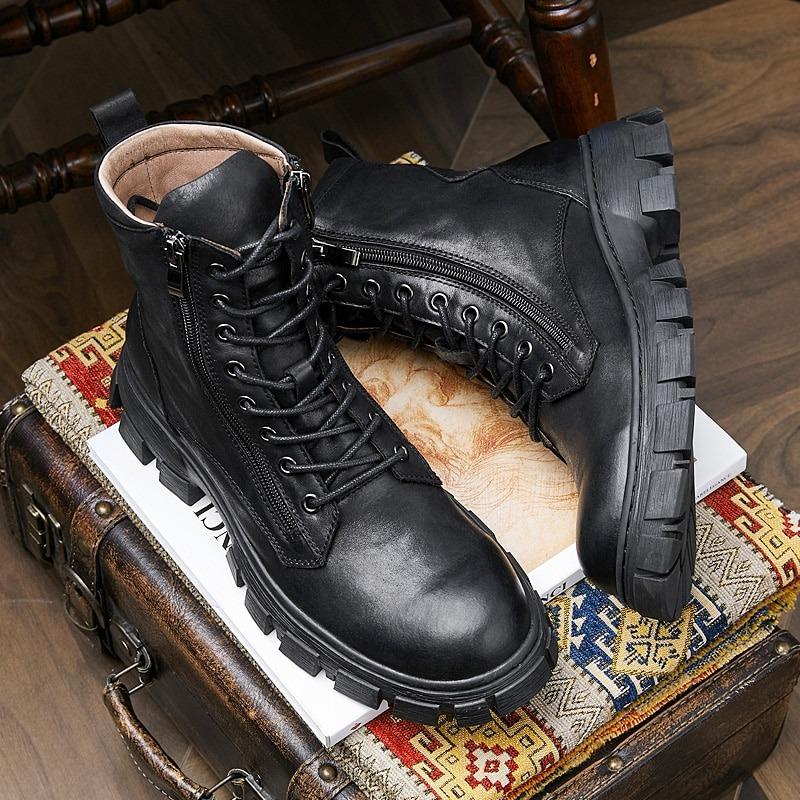 Cool Men's Warm Fur Linning Mid-calf Boots / Genuine Leather Retro Motorcycle Boots - HARD'N'HEAVY