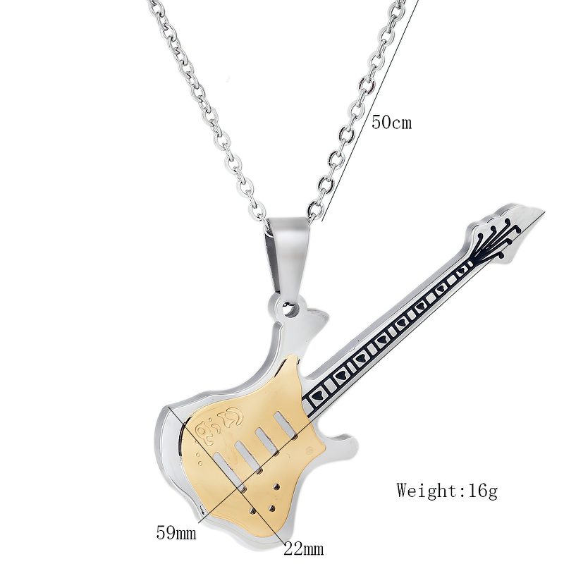 Cool metal chain guitar necklace pendant with silver and gold details, perfect for punk style jewelry.