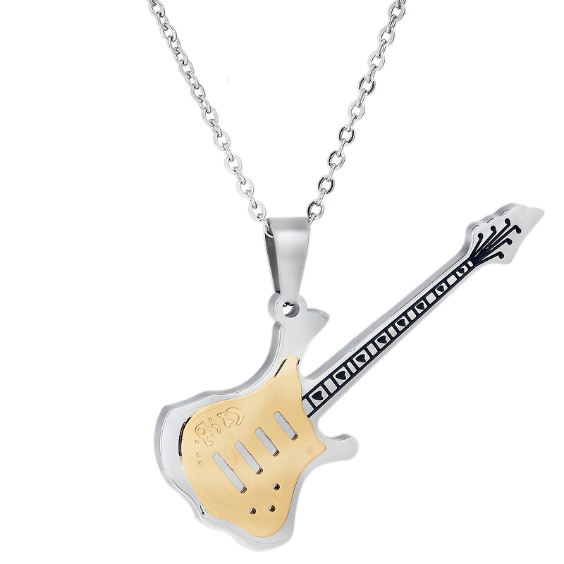 Cool metal chain guitar necklace pendant with silver and gold detailing, perfect for punk and alternative fashion.