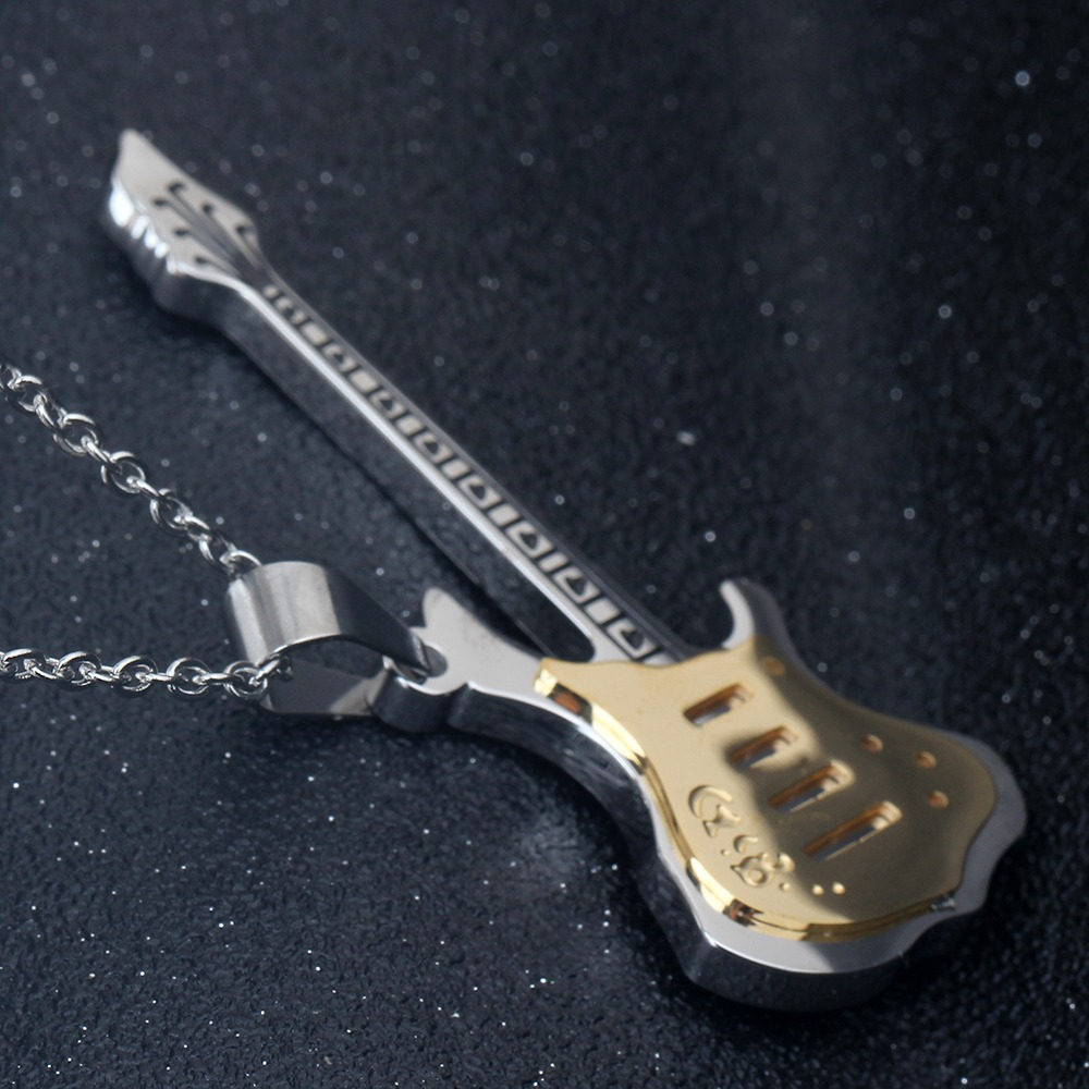 Cool metal chain guitar necklace pendant in silver and gold, perfect for punk style and alternative fashion.