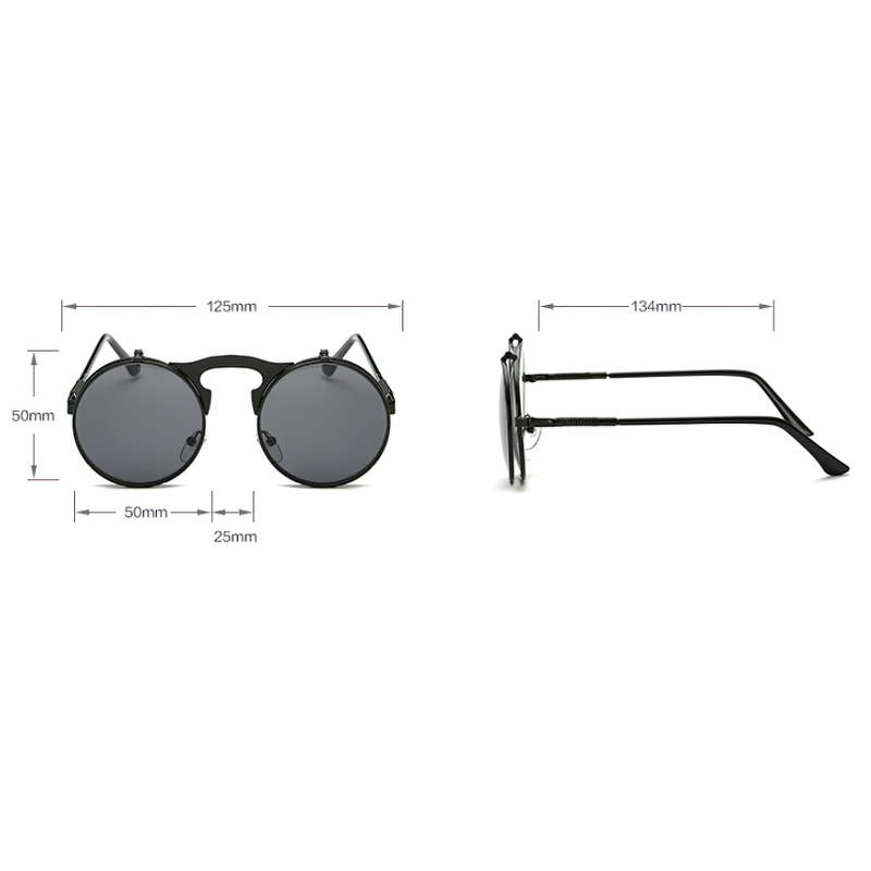 Cool metal round sunglasses dimensions showing 125mm width, 134mm length, UV protection for men and women.