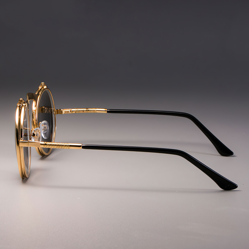 Cool metal round sunglasses showcasing a stylish side profile, featuring black and gold color, perfect for unisex fashion.
