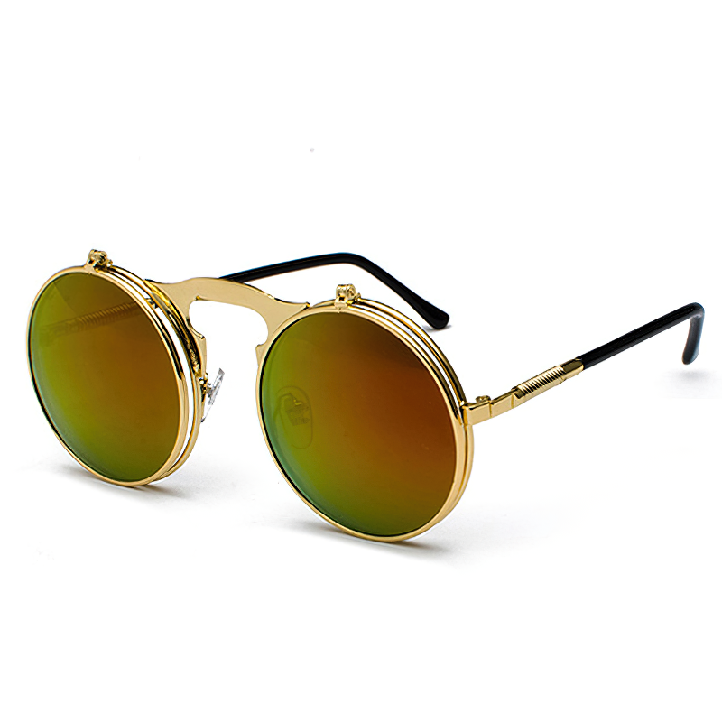 Cool metal round sunglasses with green-tinted lenses, perfect for men and women, offering UV protection and retro style.
