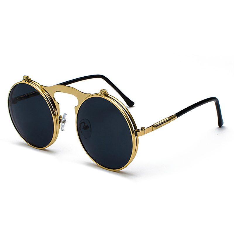 Cool metal round sunglasses with a golden frame and dark lenses, perfect for stylish UV protection.