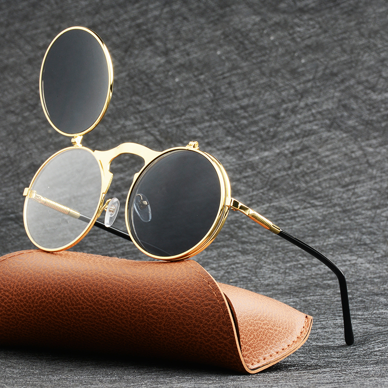 Cool metal round sunglasses on a leather case, featuring a retro style and UV protection for men and women.