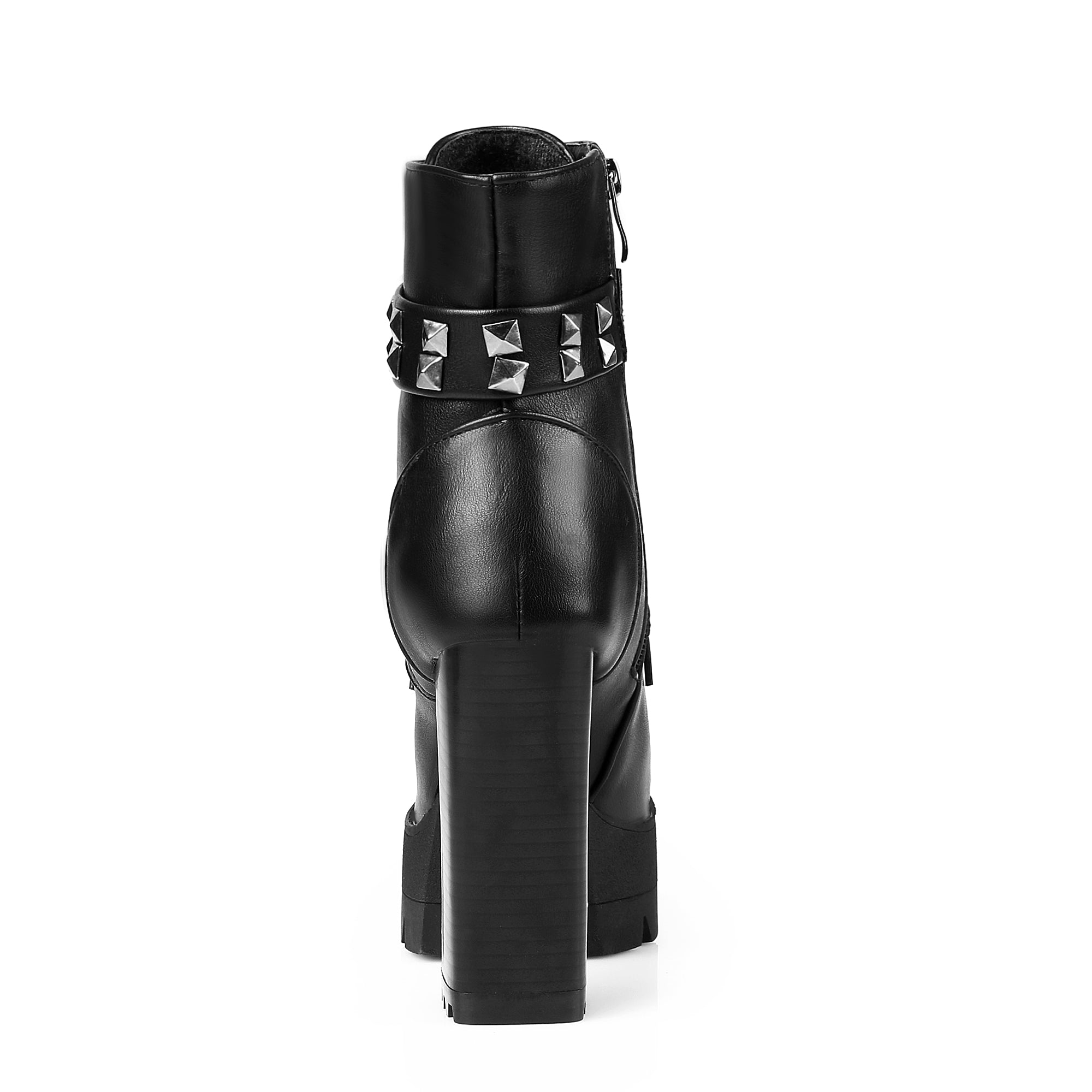 Stylish black women's motorcycle high heel boots featuring rivets and chunky sole, perfect for winter.