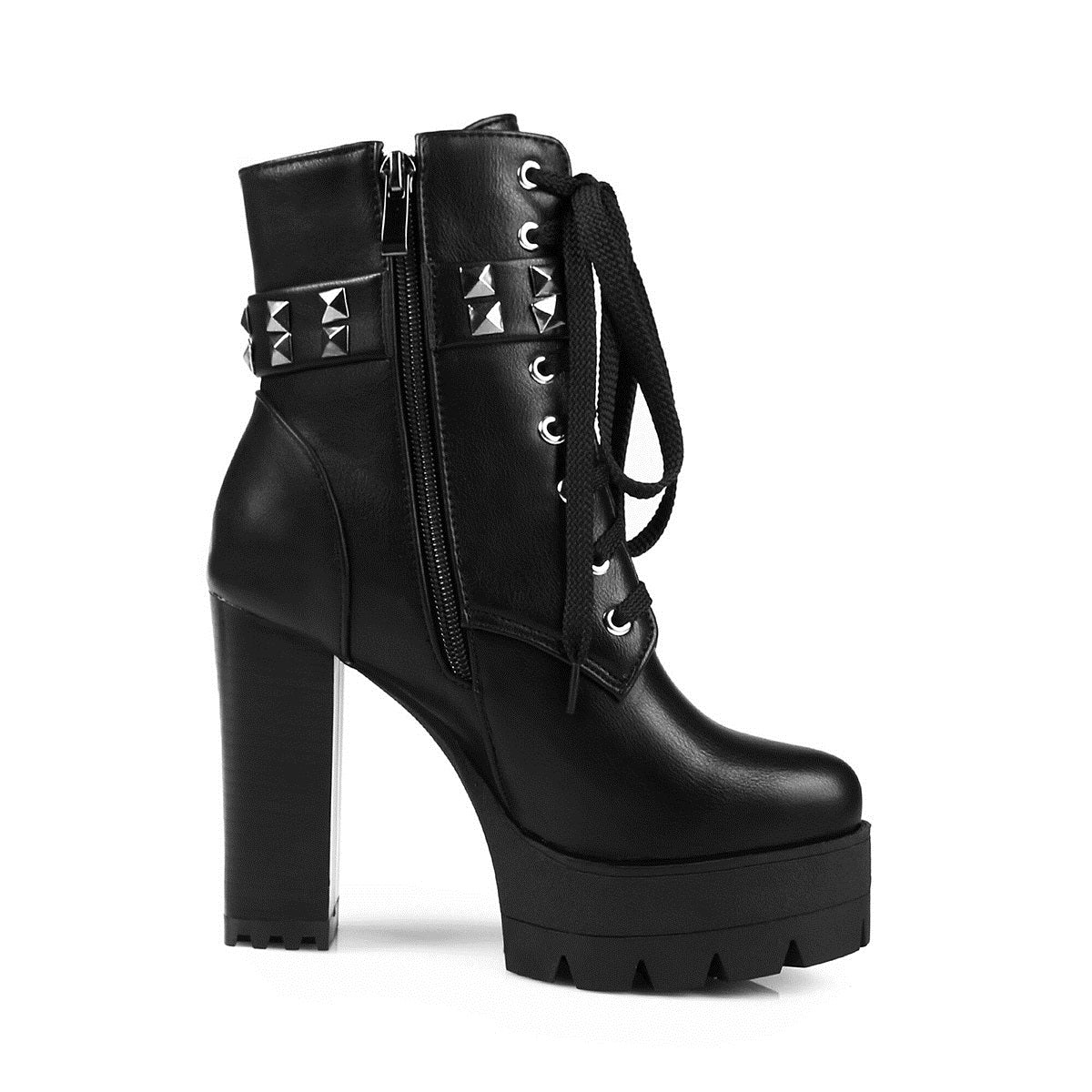 Cool women's high heel winter boots with rivets and laces, perfect for a daring biker style.
