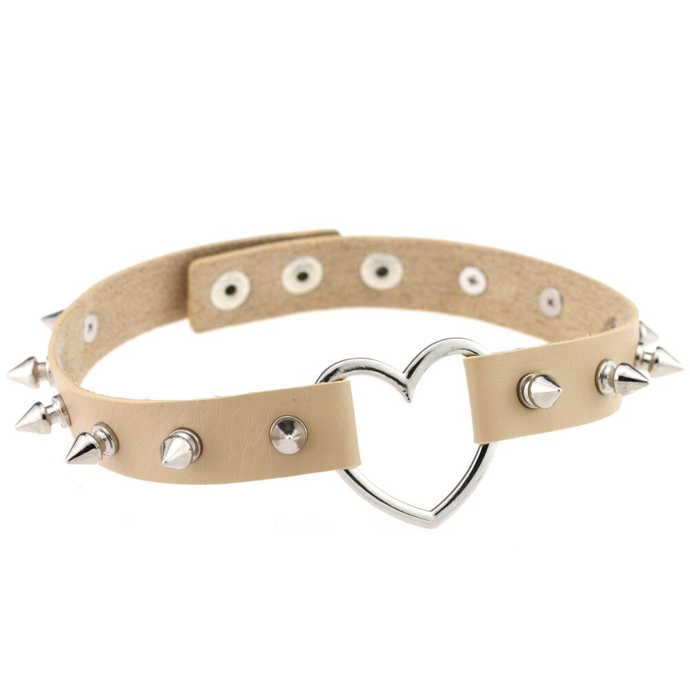 Cool PU leather choker with spikes and heart shape, perfect for gothic and rock style outfits.