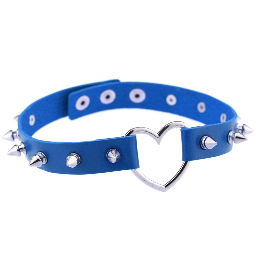 Cool blue PU leather choker with spikes and heart charm, perfect for gothic and rock style outfits.