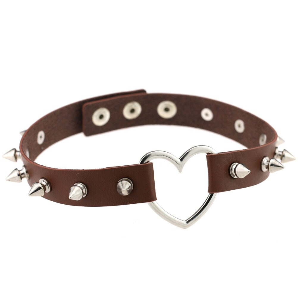 Cool PU leather choker with spikes and heart shape, perfect for gothic and rock style outfits.
