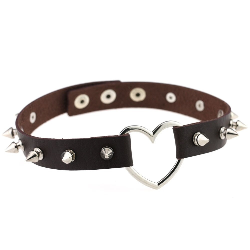 Cool PU leather choker with spikes and heart design, perfect for gothic and rock style outfits.
