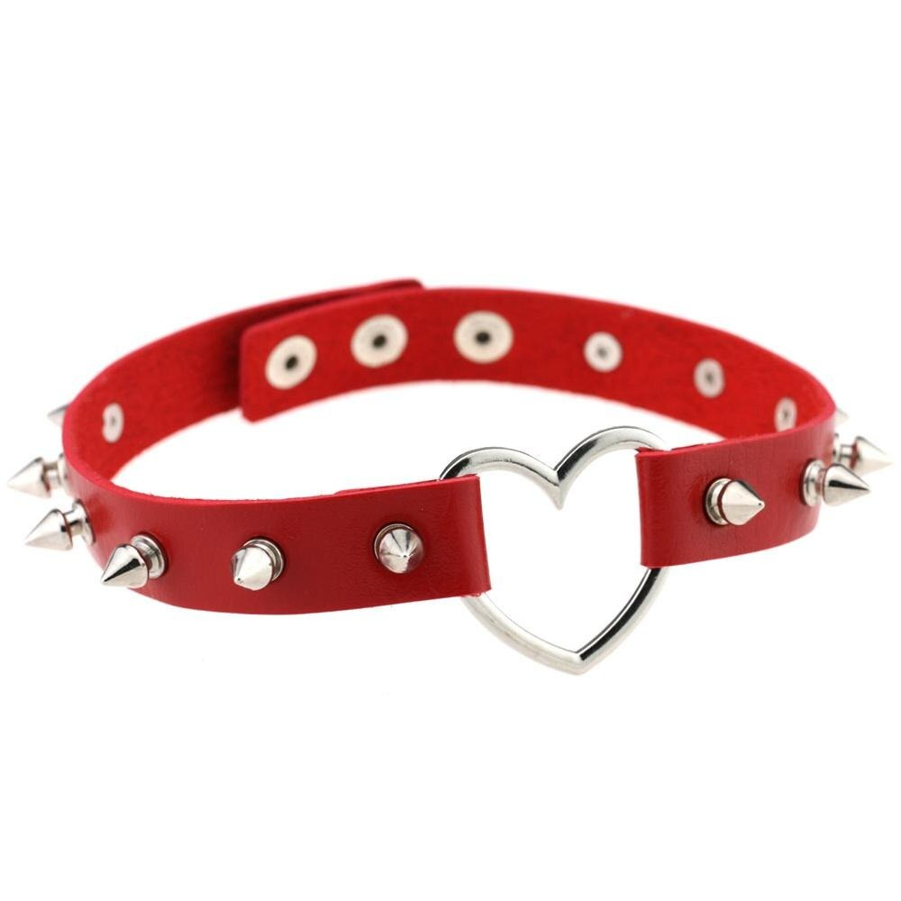Cool red PU leather choker with spikes and zinc alloy heart, perfect for gothic or rock style outfits.