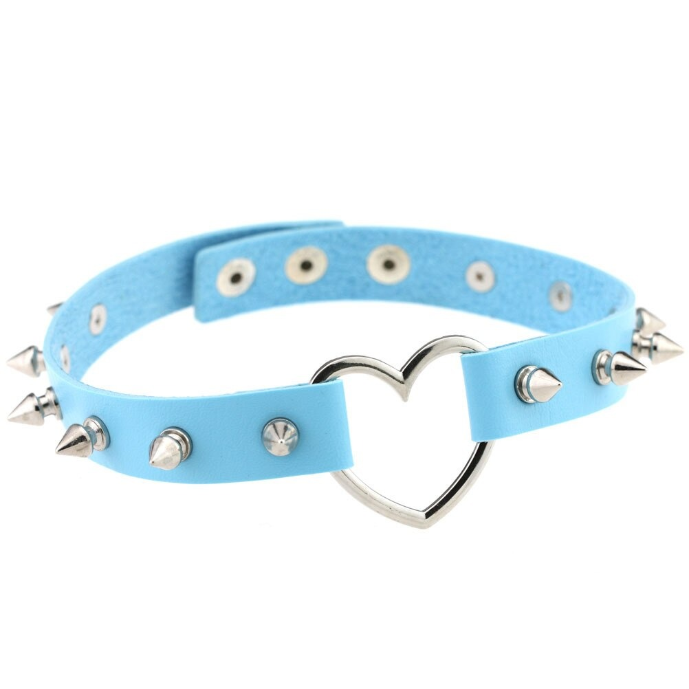 Cool blue PU leather choker with spikes and zinc alloy heart for women's gothic jewelry fashion.