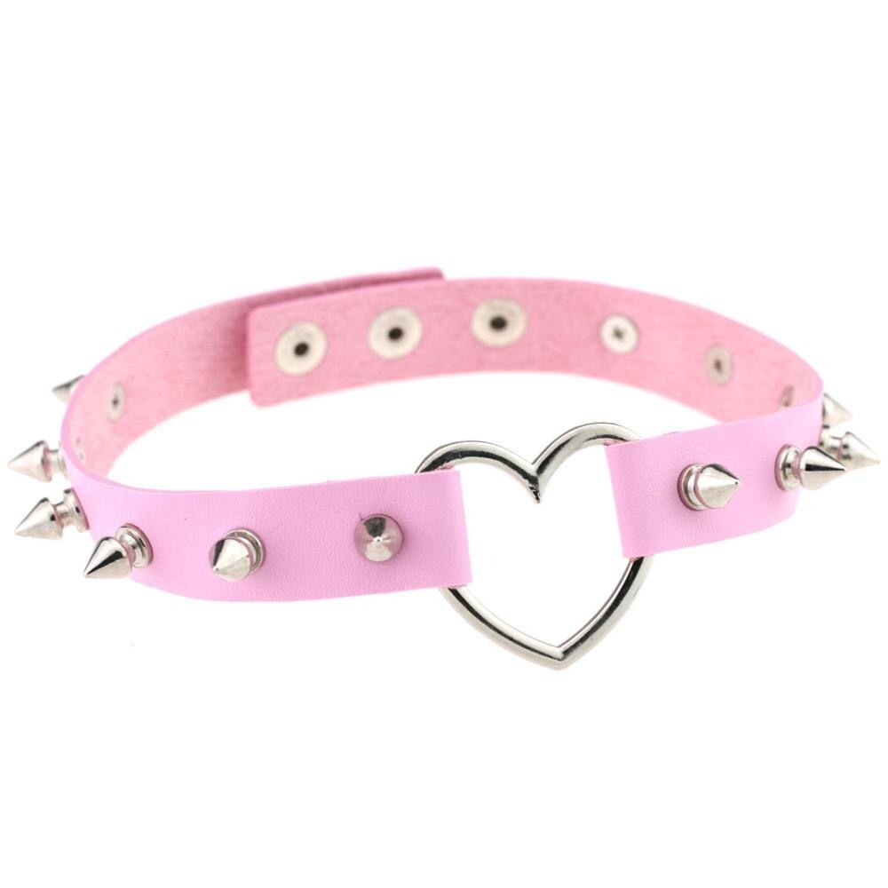Cool pink PU leather choker with spikes and zinc alloy heart charm, perfect for gothic and rock style outfits.