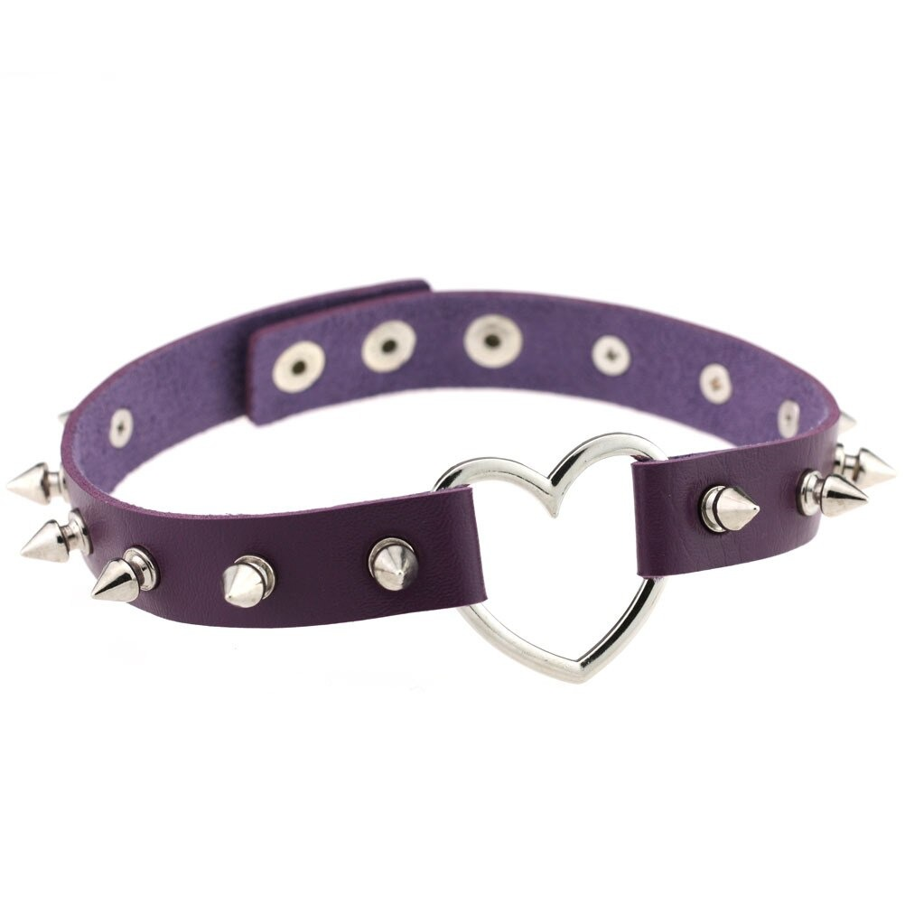 Purple PU leather choker with spikes and zinc alloy heart, perfect for gothic and rock style outfits.