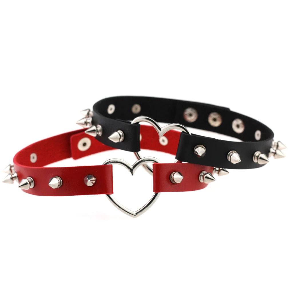 Cool PU leather choker set in black and red with spikes and heart-shaped zinc alloy centerpiece for gothic style outfits.