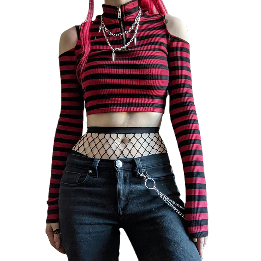 Punk style women's long sleeve striped crop top with zipper, paired with fishnet and edgy accessories, perfect for trendy looks.