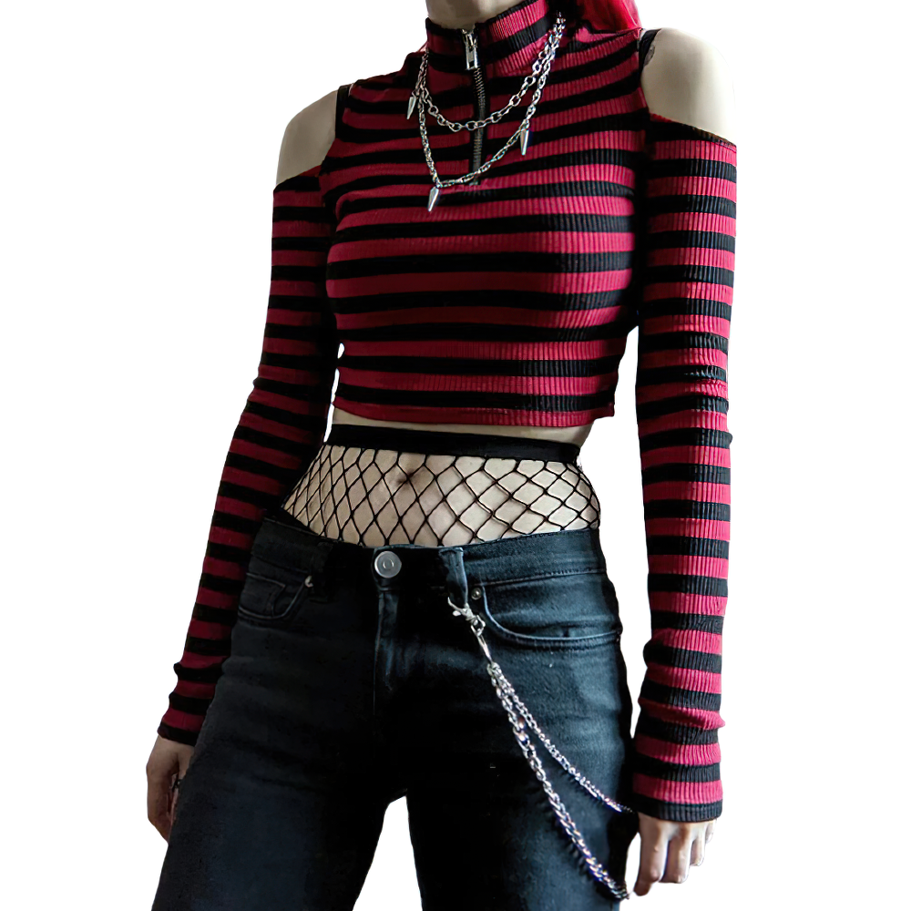 Cool punk long sleeve crop top with red and black stripes, featuring a zipper and bold edgy style for women.