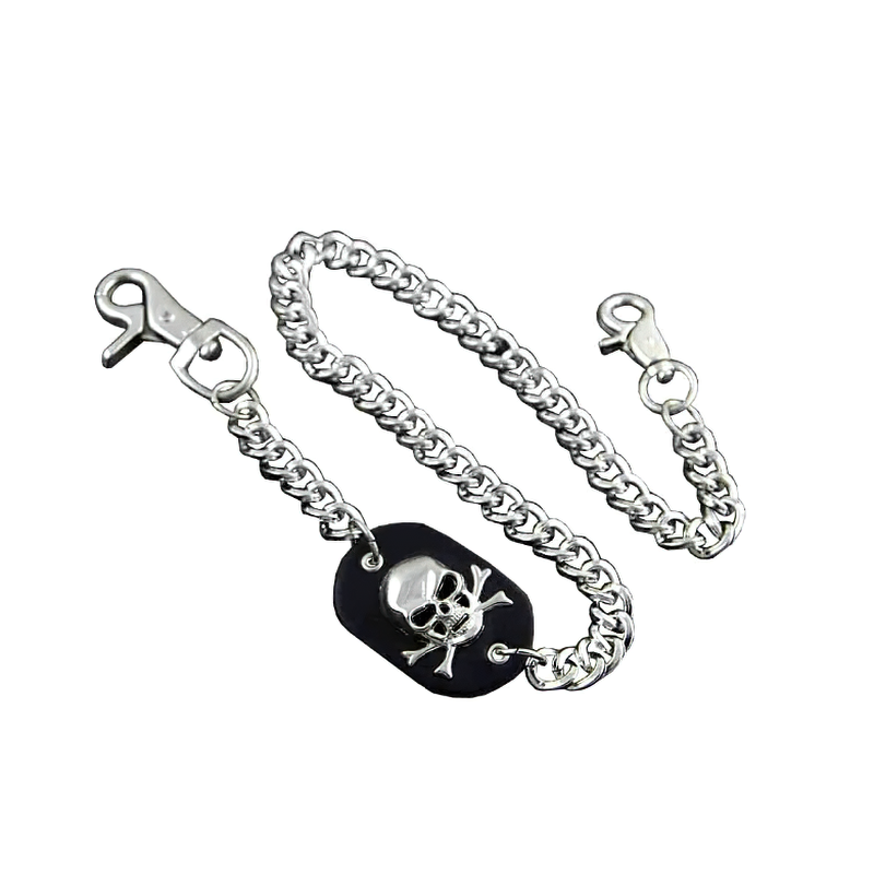 Punk style wallet chain featuring a metal skull detail, perfect for bikers and unisex fashion lovers.