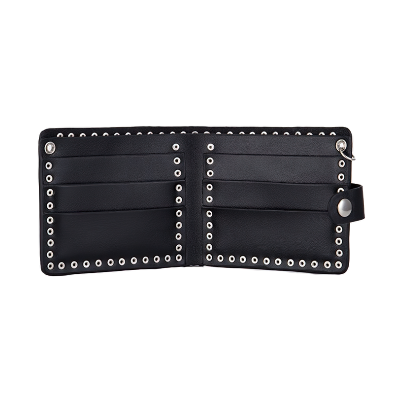 Interior view of a punk-style black wallet with rivets and multiple card slots.