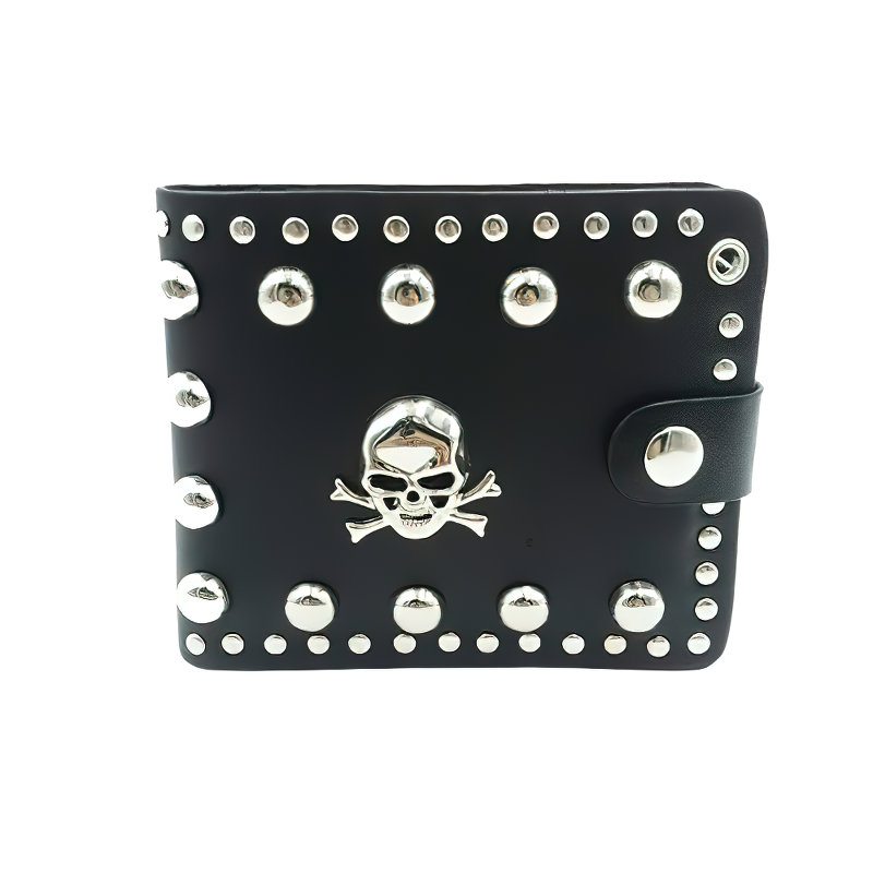 Cool punk style wallet with chain featuring silver skull and rivets for unisex bikers.