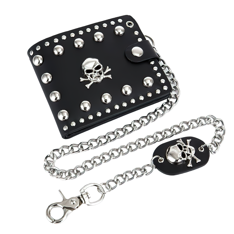 Punk style unisex wallet with chain, featuring skull detail and rivets, perfect for bikers.