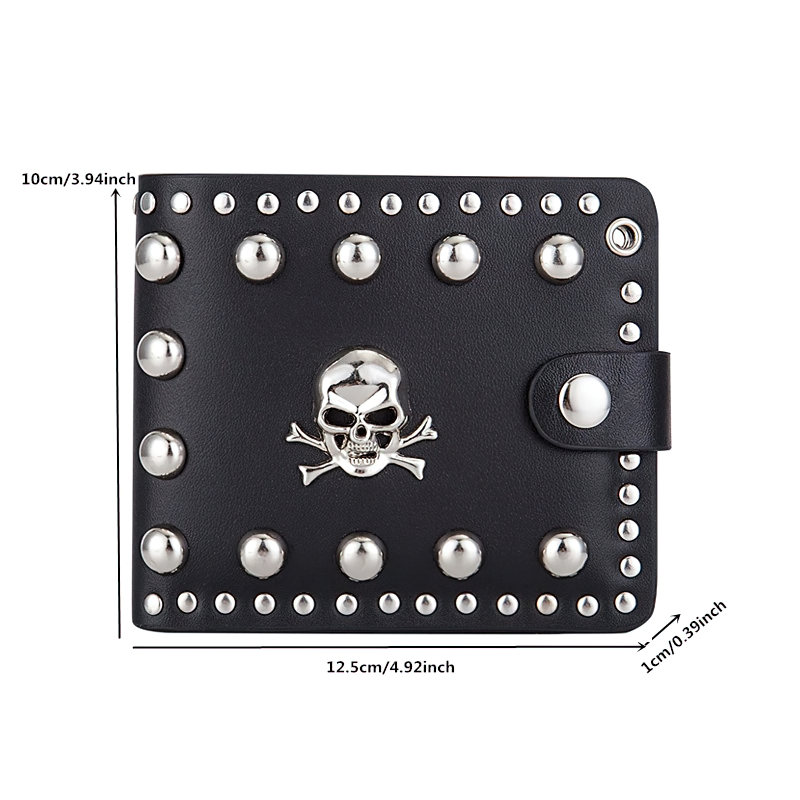 Punk style unisex wallet with chain, silver rivets and skull detail, dimensions shown.