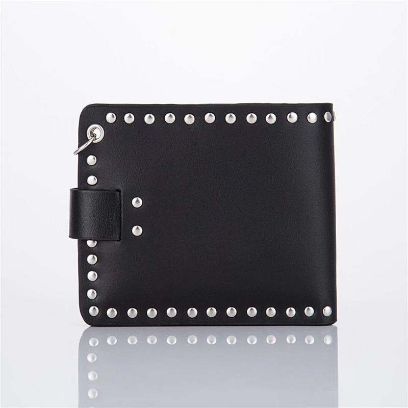 Cool punk style black wallet with rivets and chain, perfect for bikers and unisex fashion.