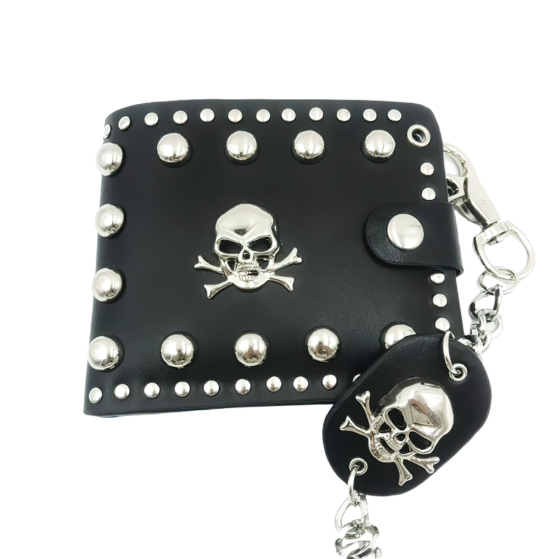 Punk style unisex wallet with rivets and skull design, featuring a chain for bikers.