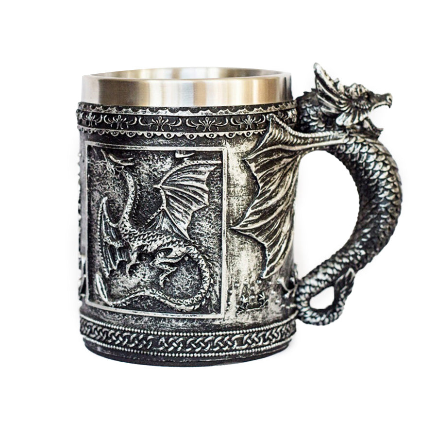Cool resin and stainless steel beer mug featuring a flying dragon design, perfect for retro Viking pub lovers.
