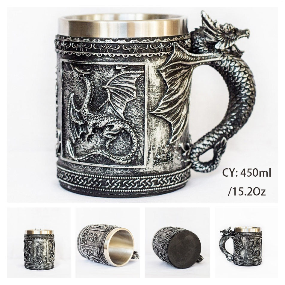 Cool vintage-style 450ml beer mug with a dragon design, crafted from resin and stainless steel, perfect for collectors.