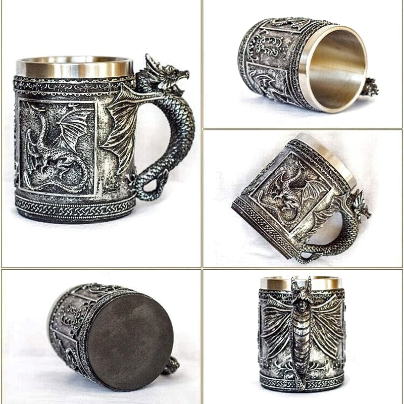 Cool Resin and Stainless Steel Beer 450ml Mug / Retro Viking Pub Bar Mug with Flying Dragon - HARD'N'HEAVY