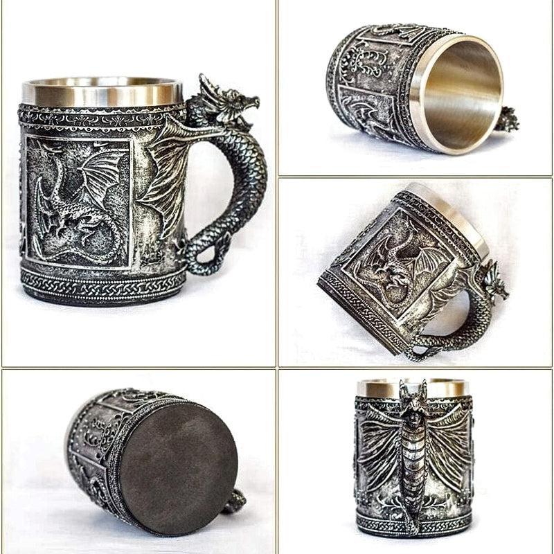 Vintage-style resin and stainless steel beer mug with dragon design, perfect for collectors and gifts.