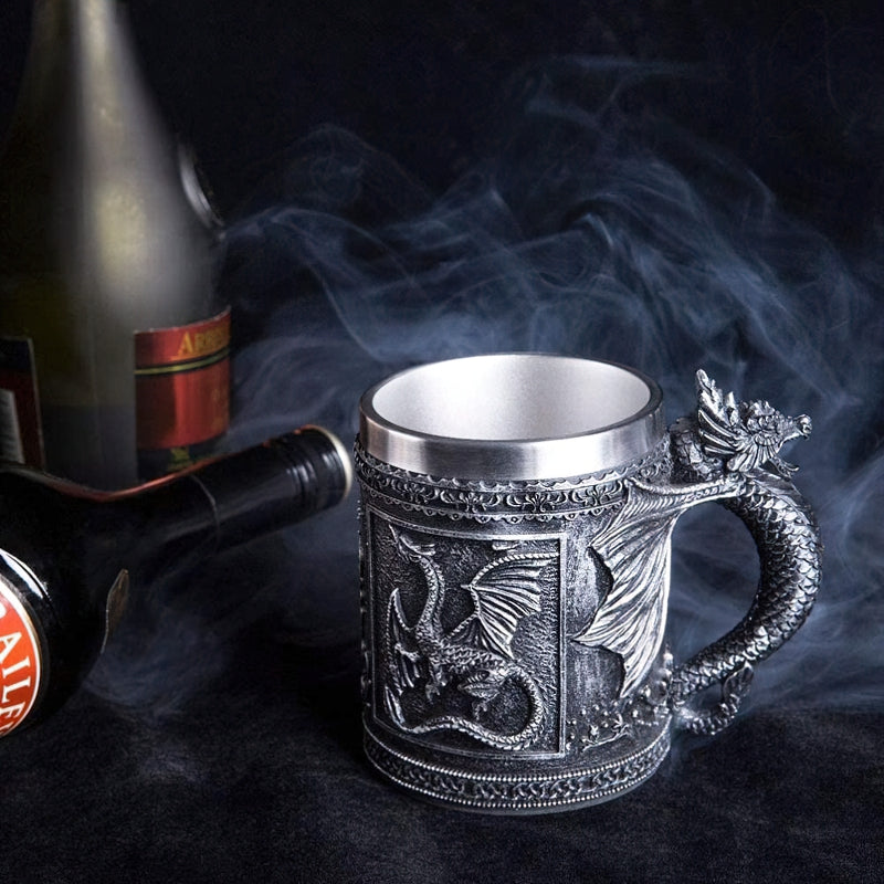 Cool vintage dragon design mug, stainless steel interior, perfect for retro pub style.